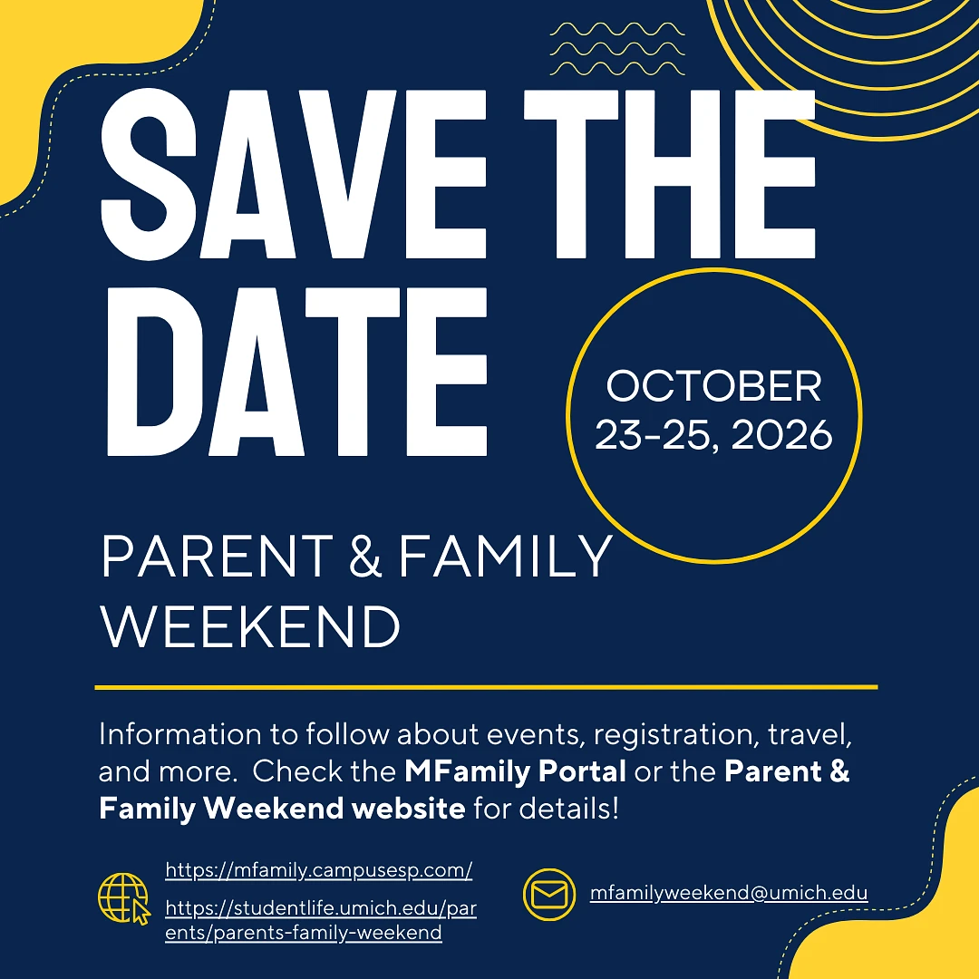 The image is an announcement for a Parent & Family Weekend event from October 23-25, 2026, with information available online.